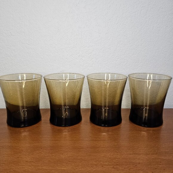 Mid Century Modern Smokey Brown Drinking Glasses Cups Barware Set of 4 - Picture 1 of 9